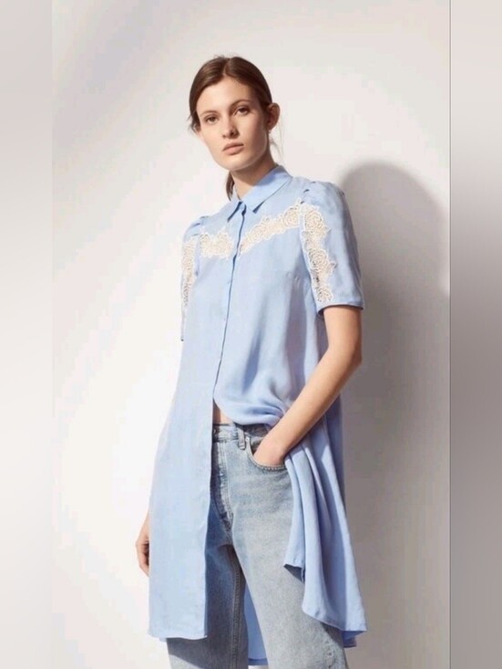 Sandro Dresses & Skirts - SANDRO PARIS Lace-Inset Down Duster Dress Sky Blue  Sz FR 34 XS